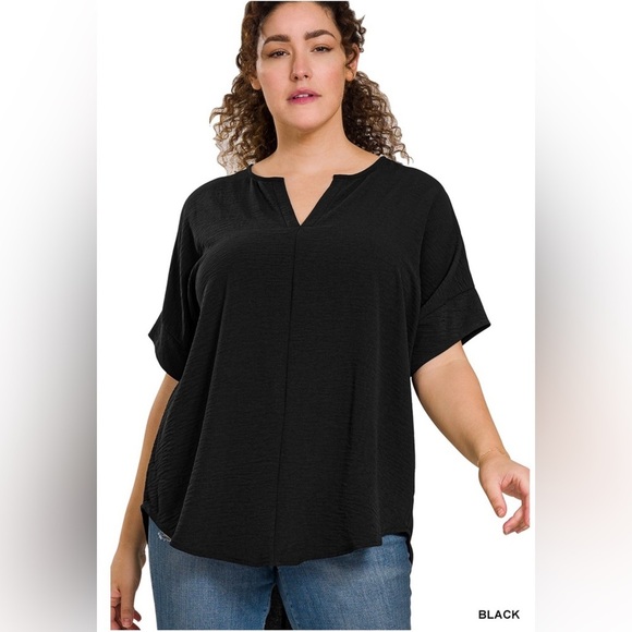 New! Plus Size Black Woven airflow split neck short sleeve top Size 1X 2X 3X - Picture 1 of 5